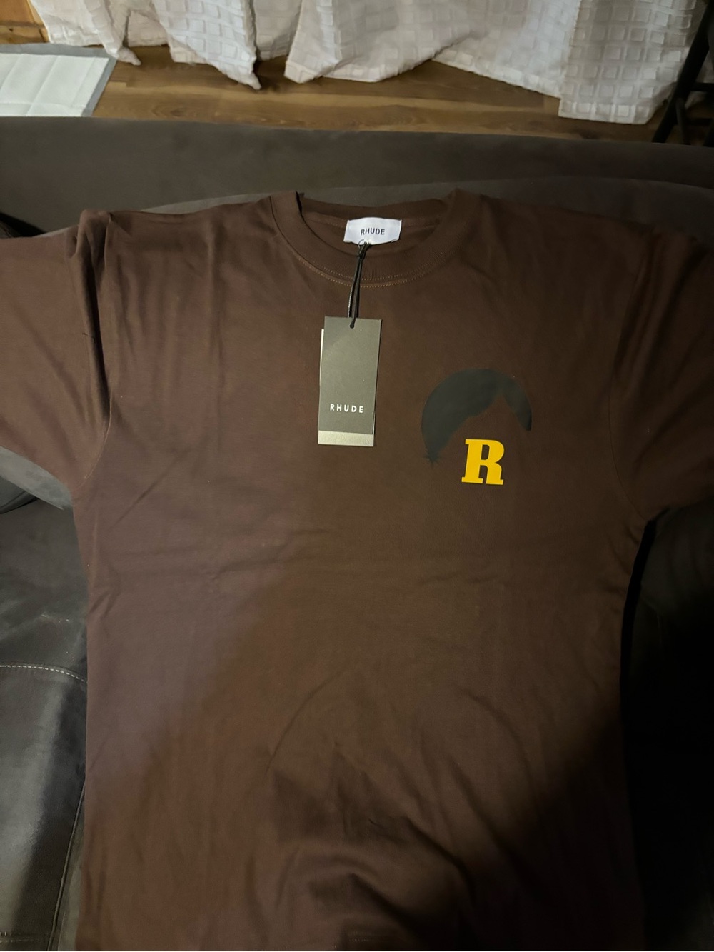 Rhude Brown Tee with Yellow 'R' Chest Logo